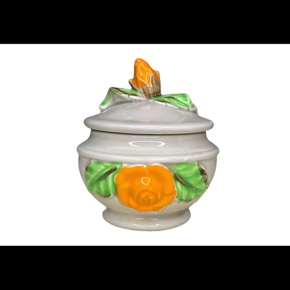 Vintage Nevco Sugar Bowl Trinket Dish Decorative Orange Rose Pottery.